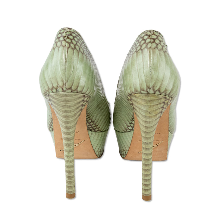 Brian Atwood Mint Green Snake Skin Leather Peep Toe Pumps