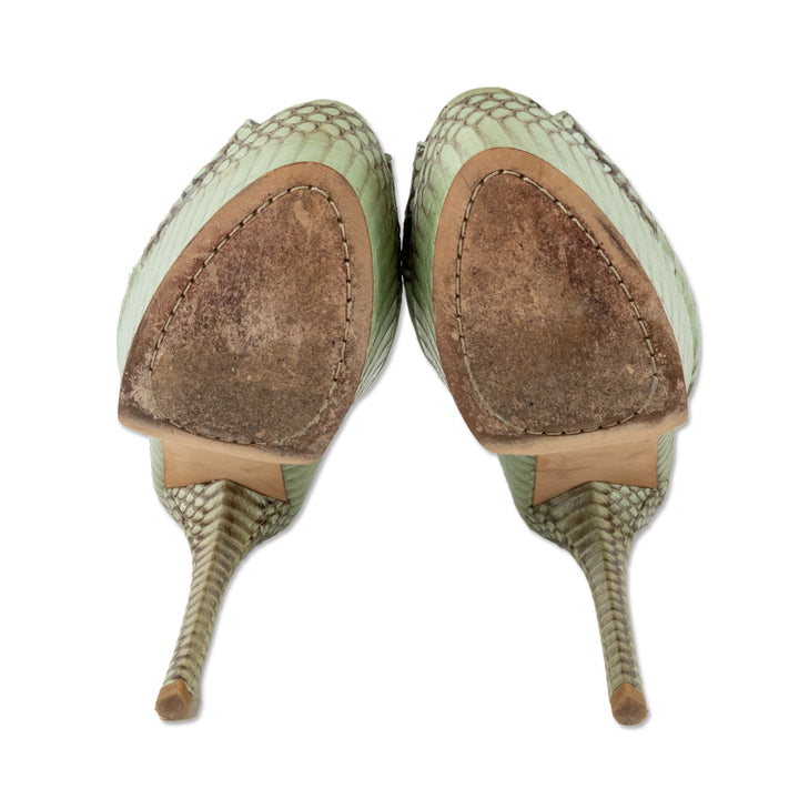 Brian Atwood Mint Green Snake Skin Leather Peep Toe Pumps