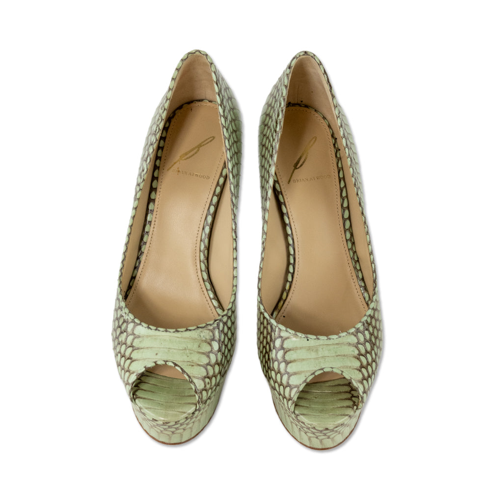 Brian Atwood Mint Green Snake Skin Leather Peep Toe Pumps