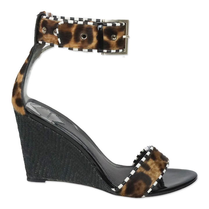 Brian Atwood Sabinas Black Patent/Stripe Leather/Leopard Calf Hair Jute Wedge Sandals