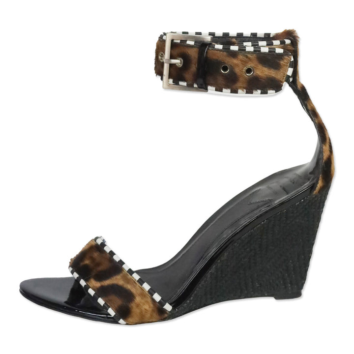 Brian Atwood Sabinas Black Patent/Stripe Leather/Leopard Calf Hair Jute Wedge Sandals