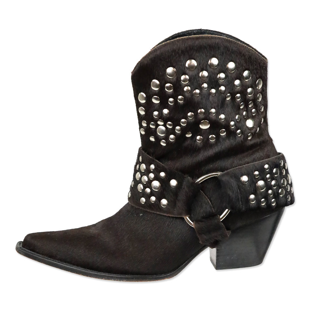 Bridget Shuster Brown Calf Hair Studded Harness Western Ankle Boot