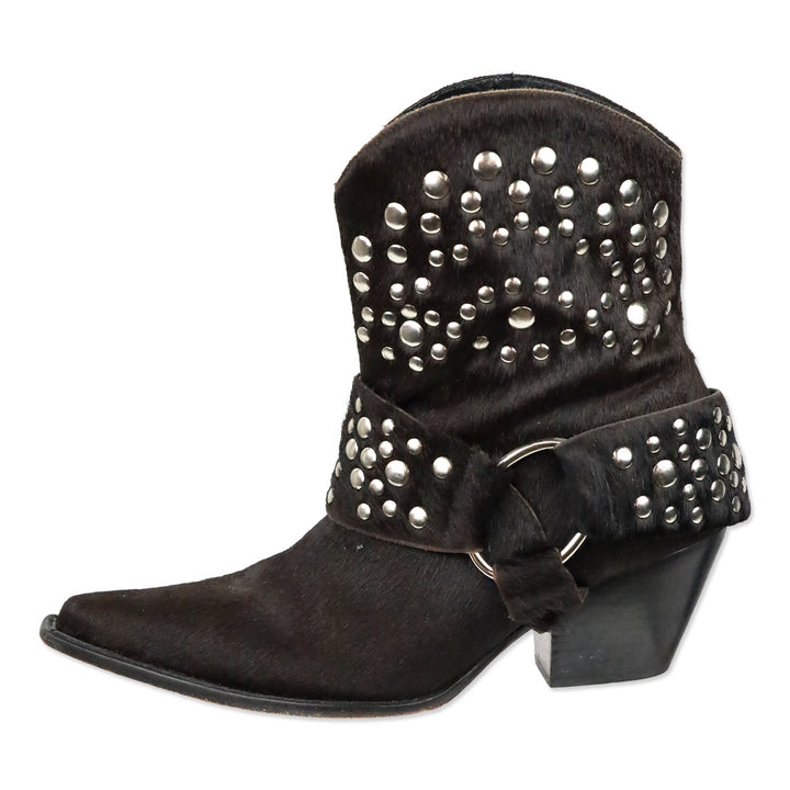Bridget Shuster Brown Calf Hair Studded Harness Western Ankle Boot