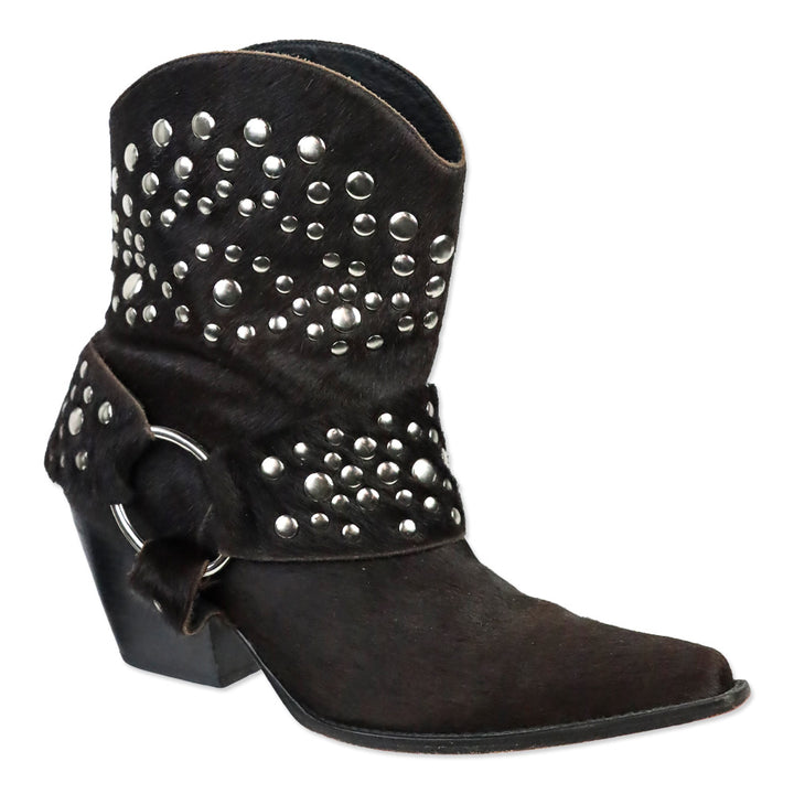 Bridget Shuster Brown Calf Hair Studded Harness Western Ankle Boot