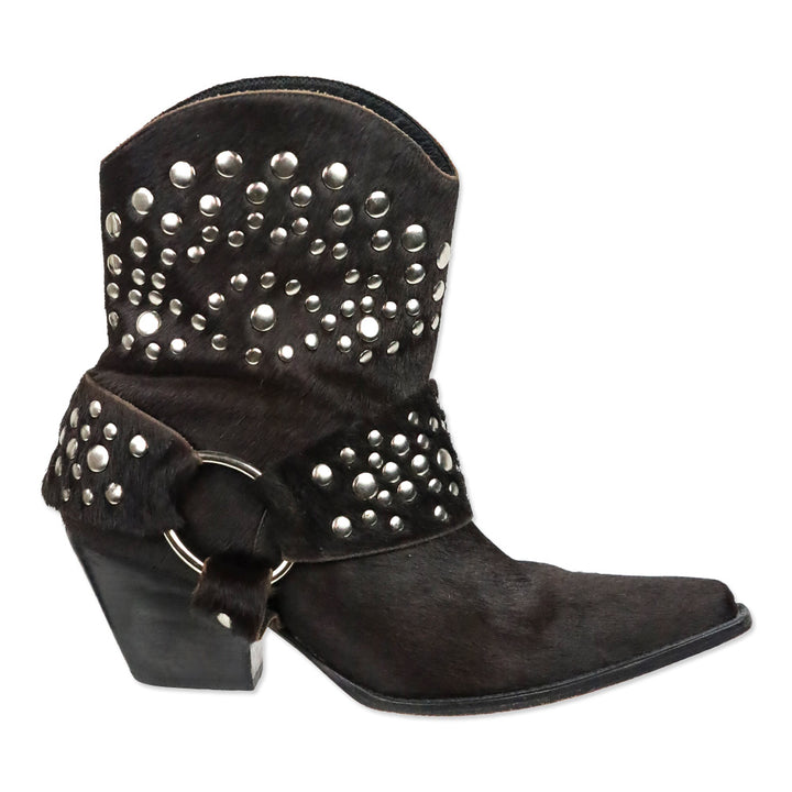 Bridget Shuster Brown Calf Hair Studded Harness Western Ankle Boot