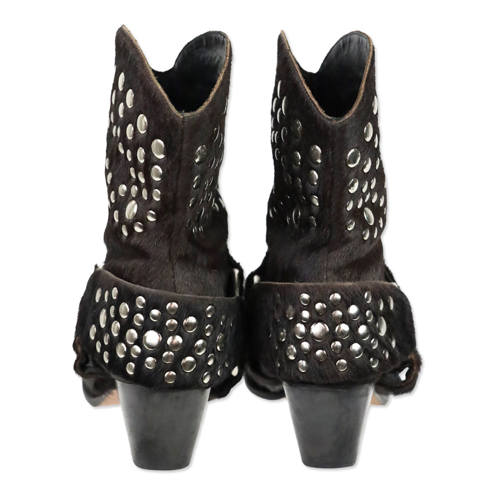 Bridget Shuster Brown Calf Hair Studded Harness Western Ankle Boot