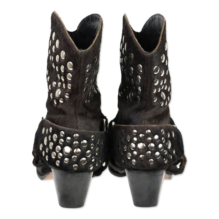 Bridget Shuster Brown Calf Hair Studded Harness Western Ankle Boot