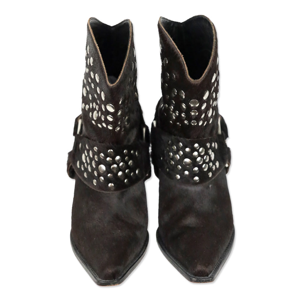 Bridget Shuster Brown Calf Hair Studded Harness Western Ankle Boot