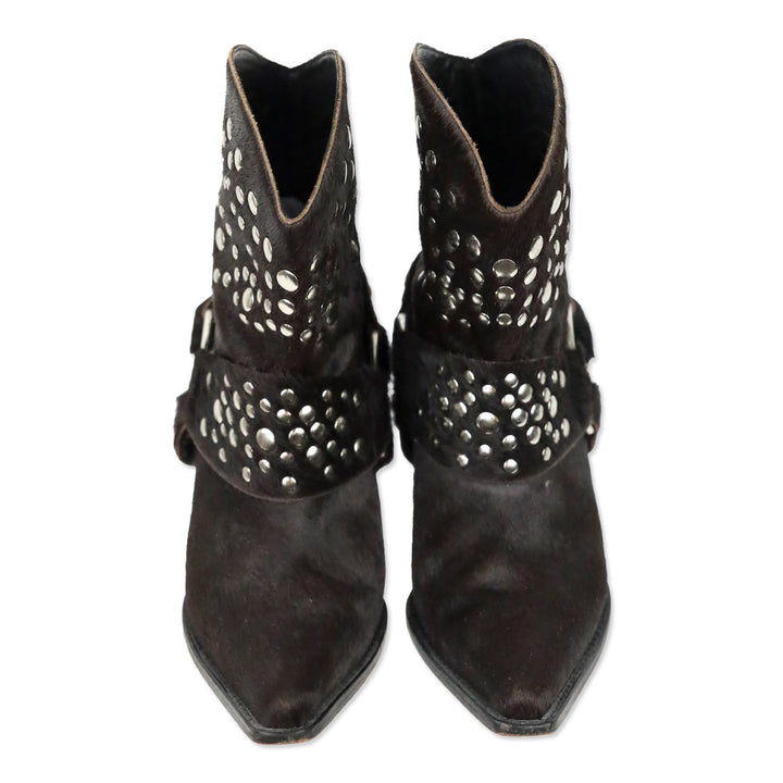 Bridget Shuster Brown Calf Hair Studded Harness Western Ankle Boot