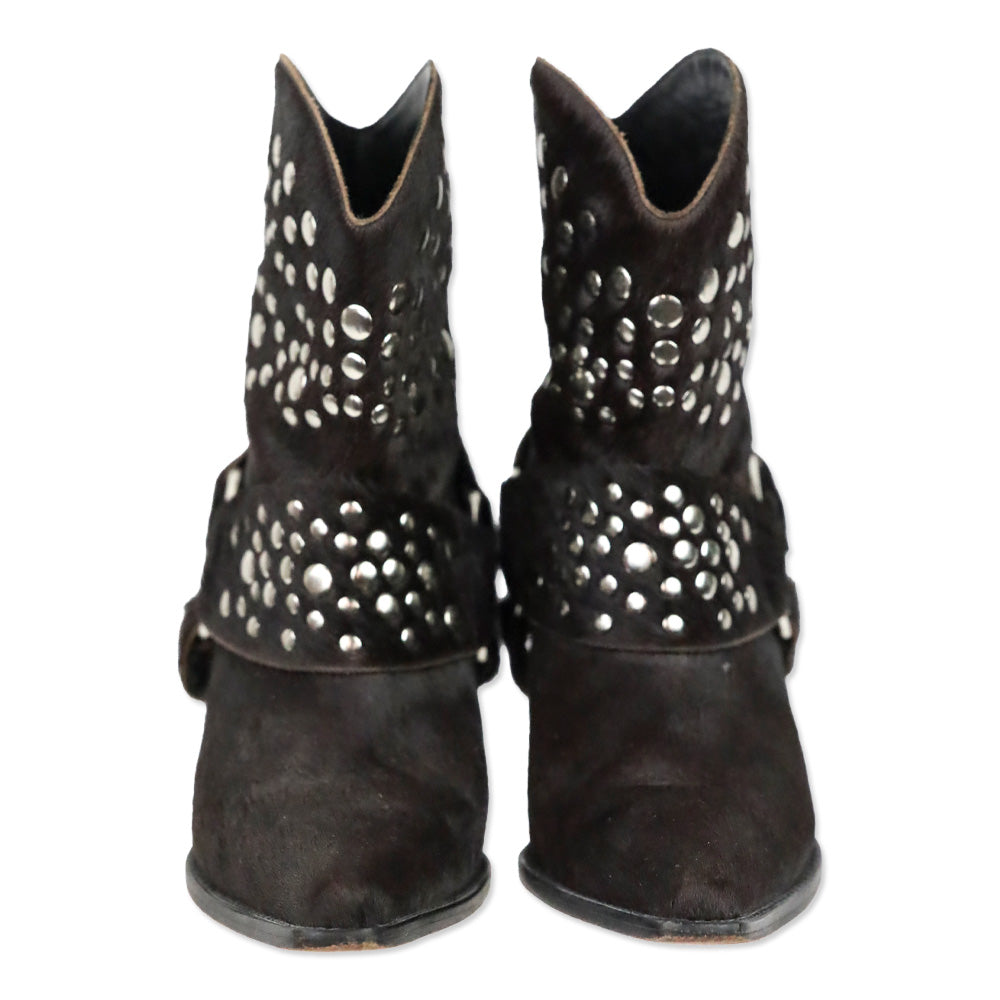 Bridget Shuster Brown Calf Hair Studded Harness Western Ankle Boot