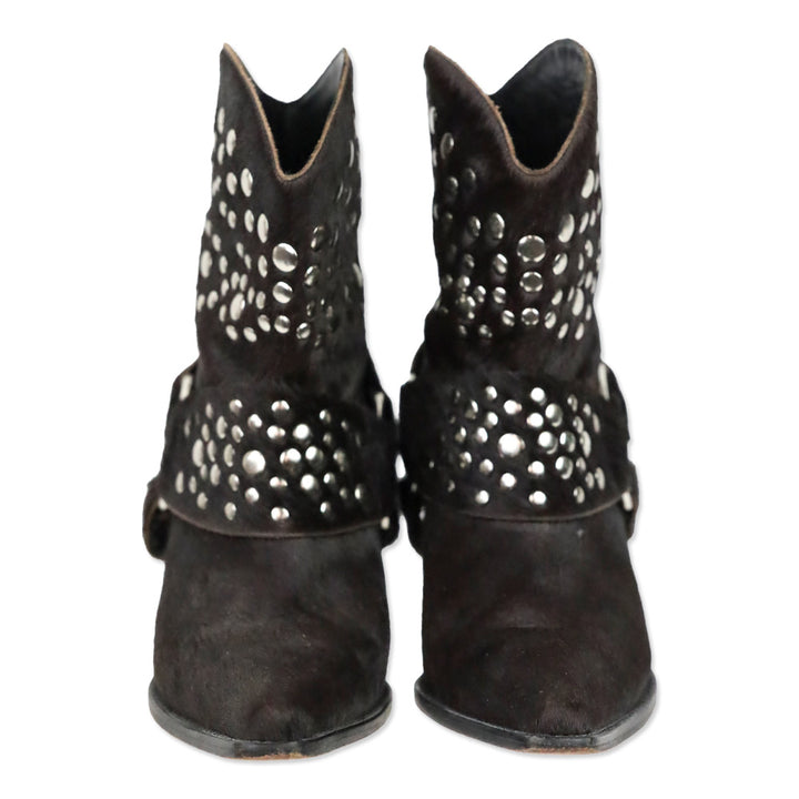 Bridget Shuster Brown Calf Hair Studded Harness Western Ankle Boot