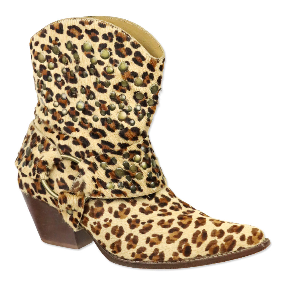 Bridget Shuster Leopard Calf Hair Studded Harness Western Ankle Boot