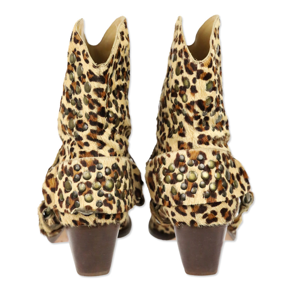 Bridget Shuster Leopard Calf Hair Studded Harness Western Ankle Boot