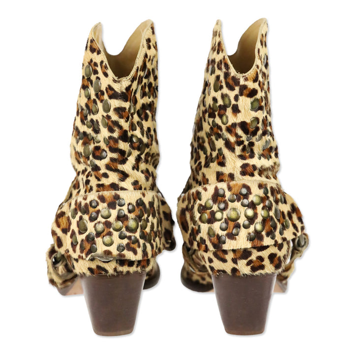 Bridget Shuster Leopard Calf Hair Studded Harness Western Ankle Boot