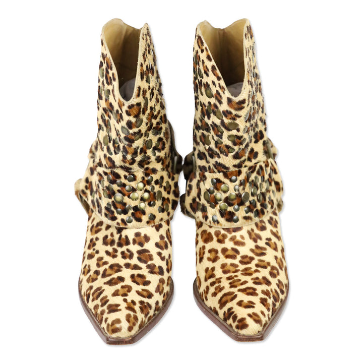 Bridget Shuster Leopard Calf Hair Studded Harness Western Ankle Boot
