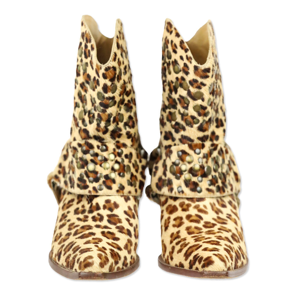 Bridget Shuster Leopard Calf Hair Studded Harness Western Ankle Boot