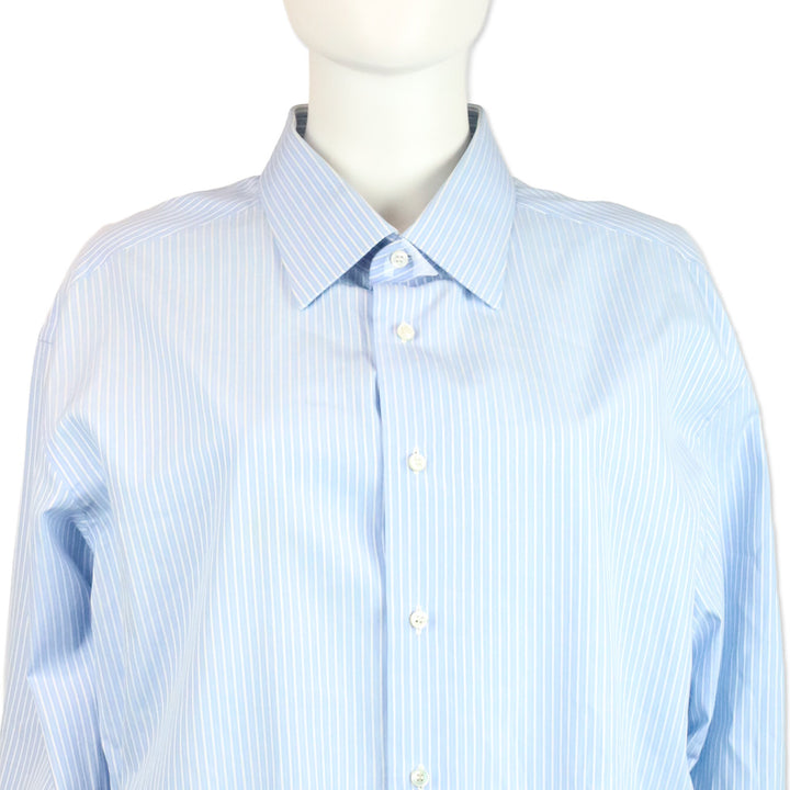 Brioni Men's Blue and White Striped Cotton Button Up Formal Shirt