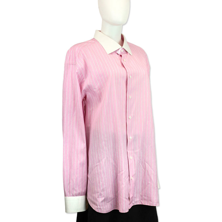 Brioni Men's Pink Striped Cotton Contrast Collar Button Up Shirt