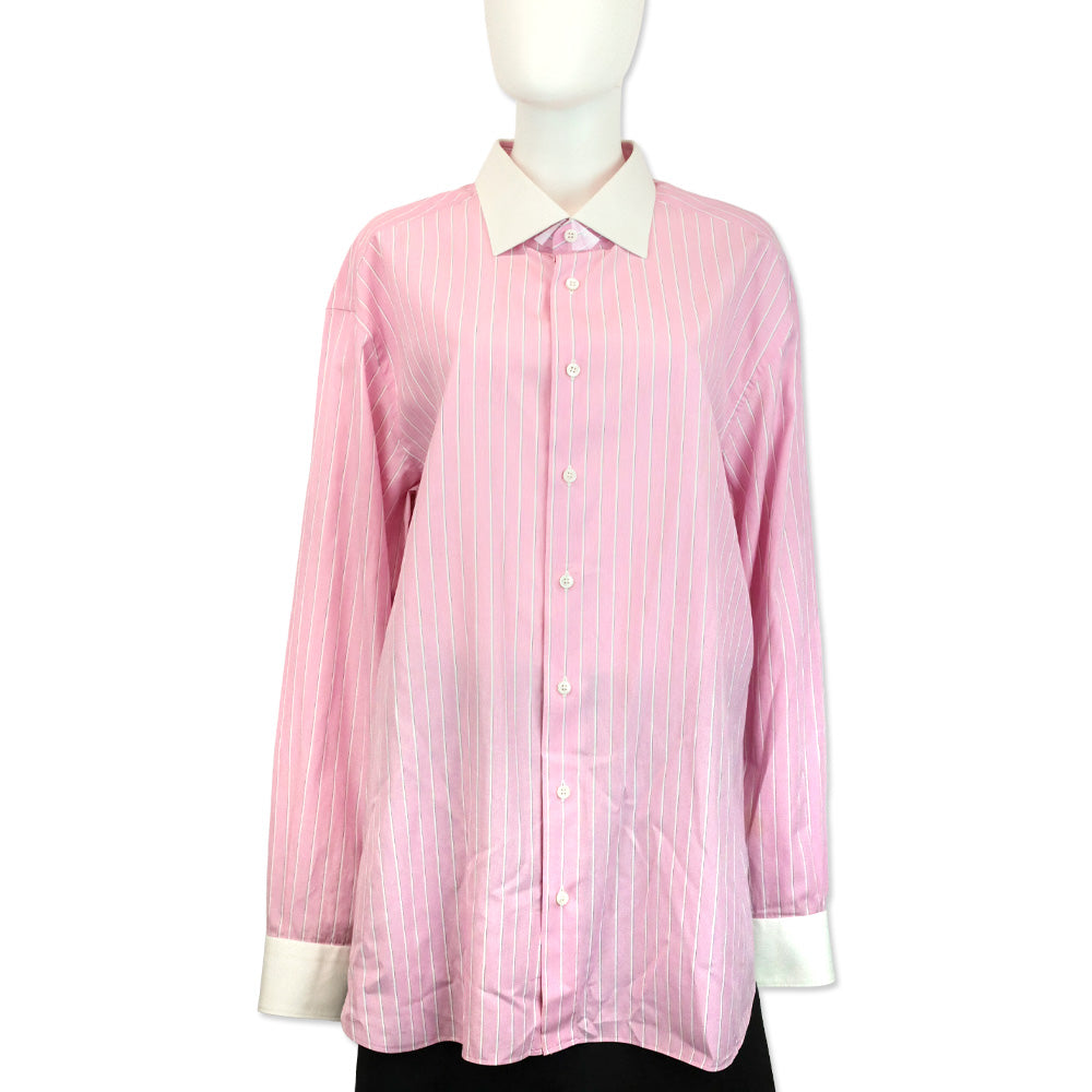 Brioni Men's Pink Striped Cotton Contrast Collar Button Up Shirt
