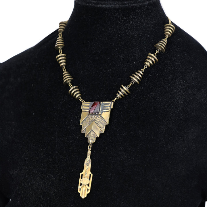 Bronze Honey Wand Chain Red Stone Art Deco Pendant Necklace