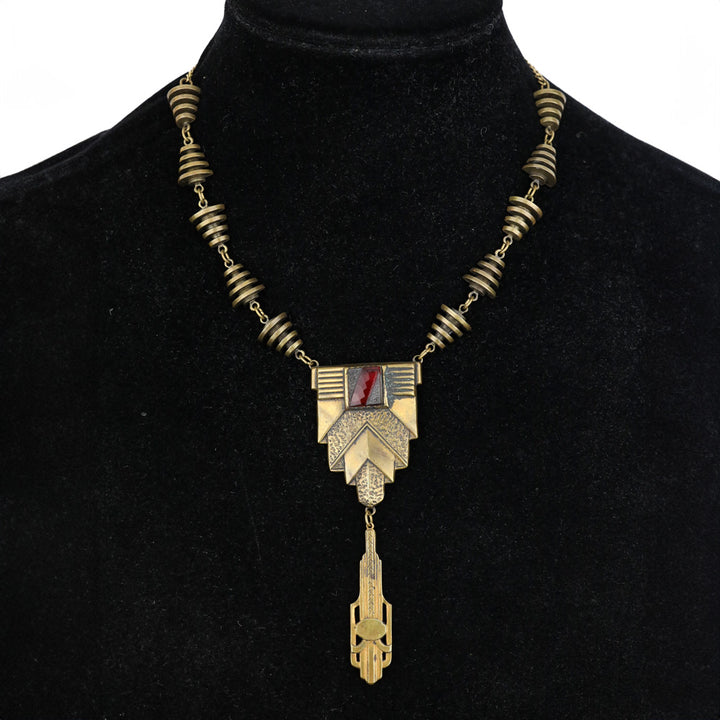 Bronze Honey Wand Chain Red Stone Art Deco Pendant Necklace