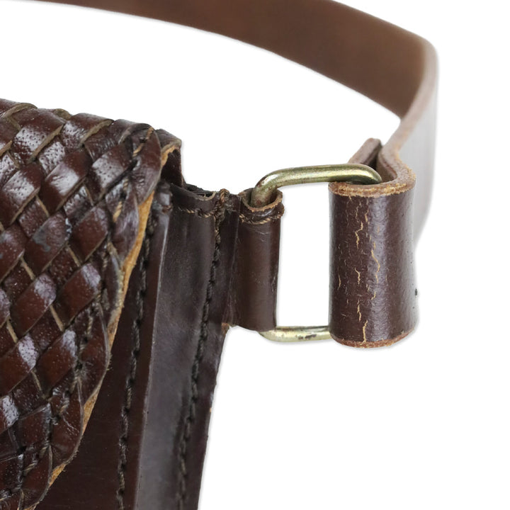 Brown Woven Leather Flap Belt Bag