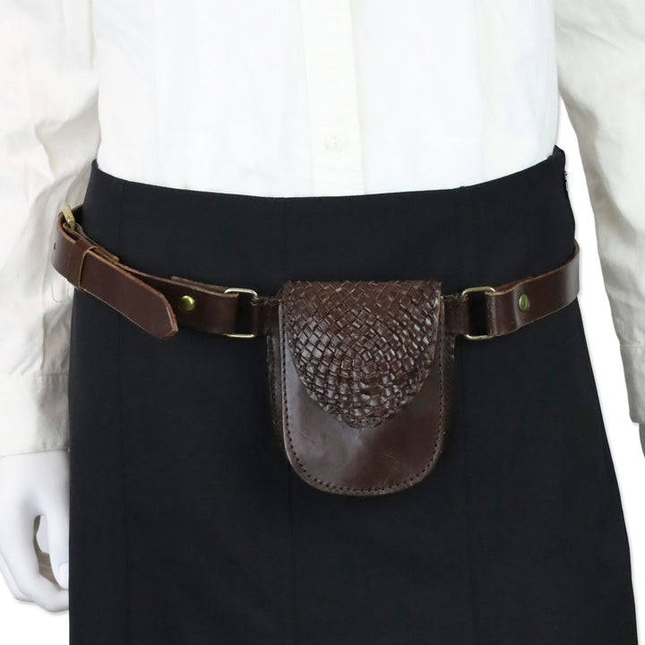 Brown Woven Leather Flap Belt Bag