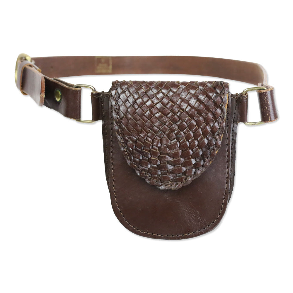 Brown Woven Leather Flap Belt Bag