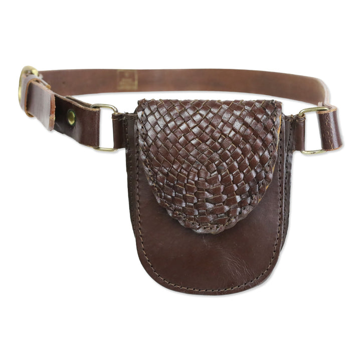 Brown Woven Leather Flap Belt Bag
