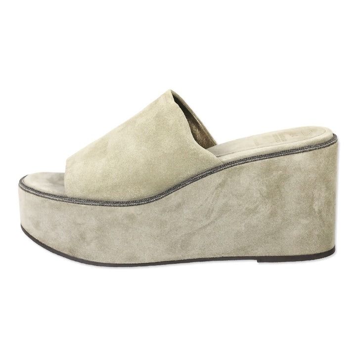 Brunello Cucinelli Beige Suede Monili Trim Wedge Platform Slides