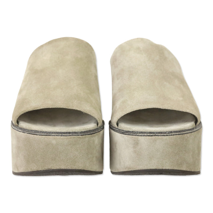 Brunello Cucinelli Beige Suede Monili Trim Wedge Platform Slides