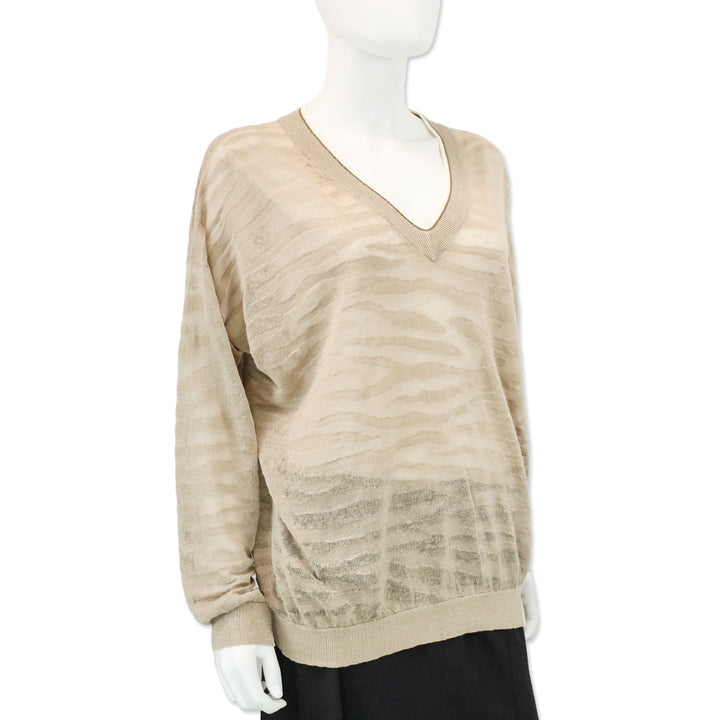 Brunello Cucinelli Beige Tiger Stripe Knit V-Neck Sweater