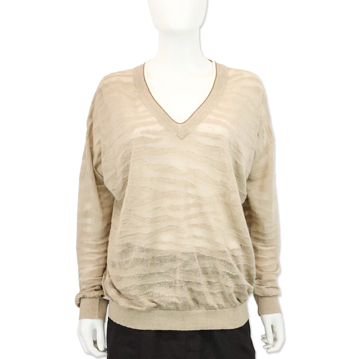 Brunello Cucinelli Beige Tiger Stripe Knit V-Neck Sweater