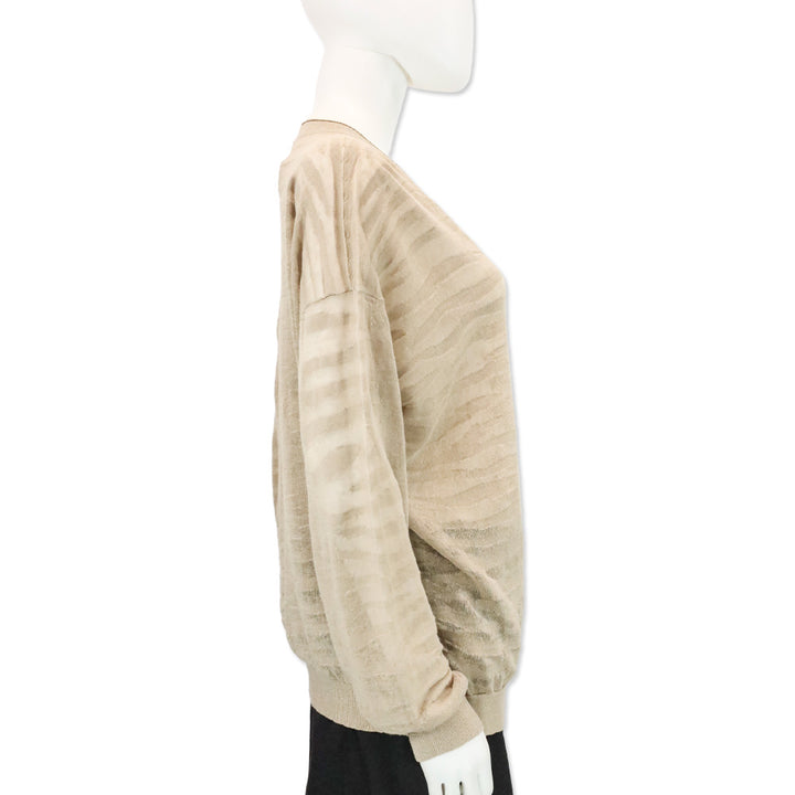 Brunello Cucinelli Beige Tiger Stripe Knit V-Neck Sweater