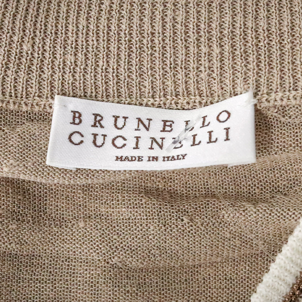 Brunello Cucinelli Beige Tiger Stripe Knit V-Neck Sweater