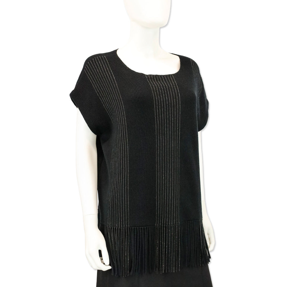 Brunello Cucinelli Black Cotton Rib Knit Monili-Trim Accent Fringe Poncho