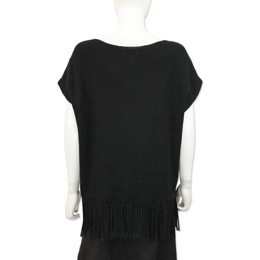 Brunello Cucinelli Black Cotton Rib Knit Monili-Trim Accent Fringe Poncho