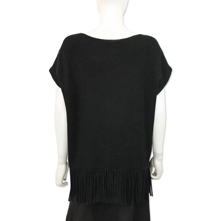 Brunello Cucinelli Black Cotton Rib Knit Monili-Trim Accent Fringe Poncho