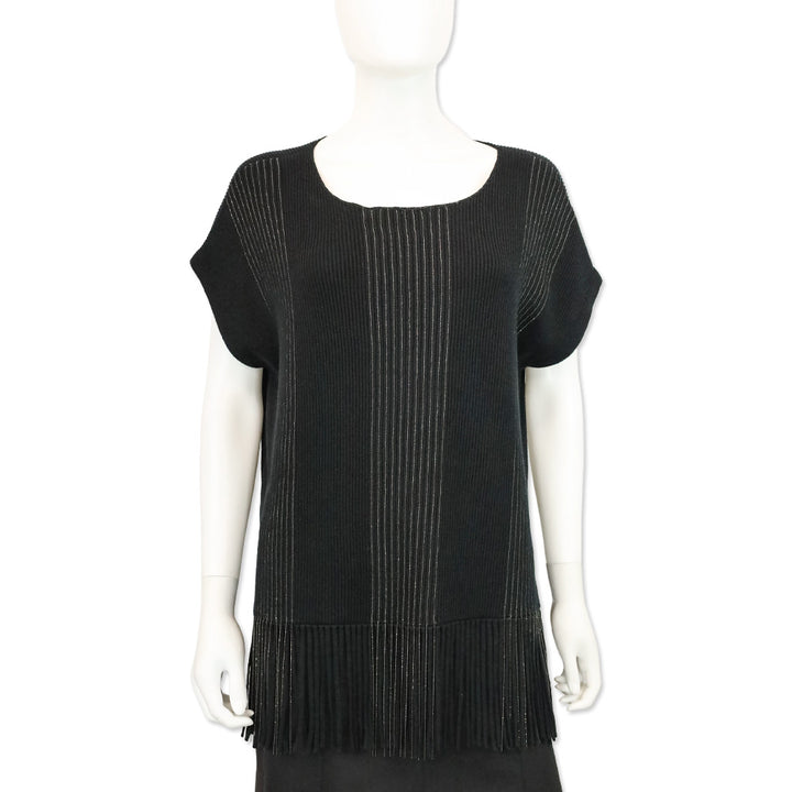 Brunello Cucinelli Black Cotton Rib Knit Monili-Trim Accent Fringe Poncho