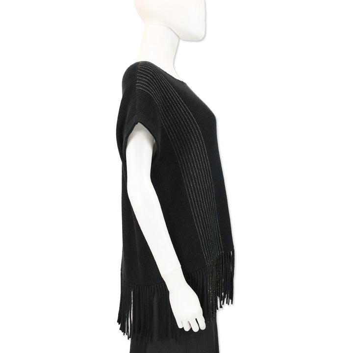 Brunello Cucinelli Black Cotton Rib Knit Monili-Trim Accent Fringe Poncho
