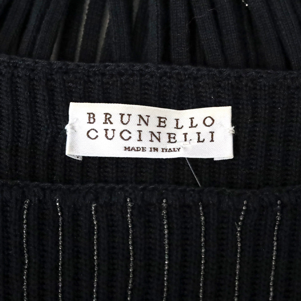 Brunello Cucinelli Black Cotton Rib Knit Monili-Trim Accent Fringe Poncho