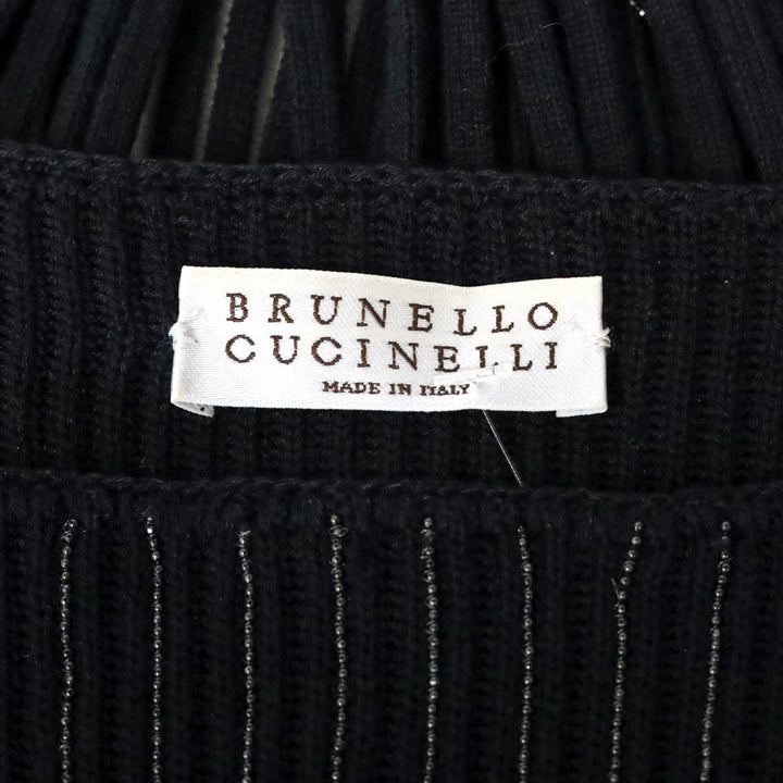Brunello Cucinelli Black Cotton Rib Knit Monili-Trim Accent Fringe Poncho