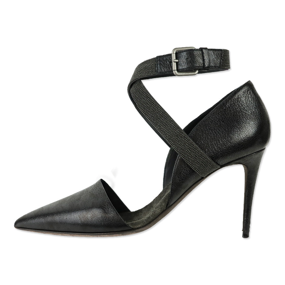 Brunello Cucinelli Black Leather 85mm D'Orsay Pump with Monili Ankle Strap
