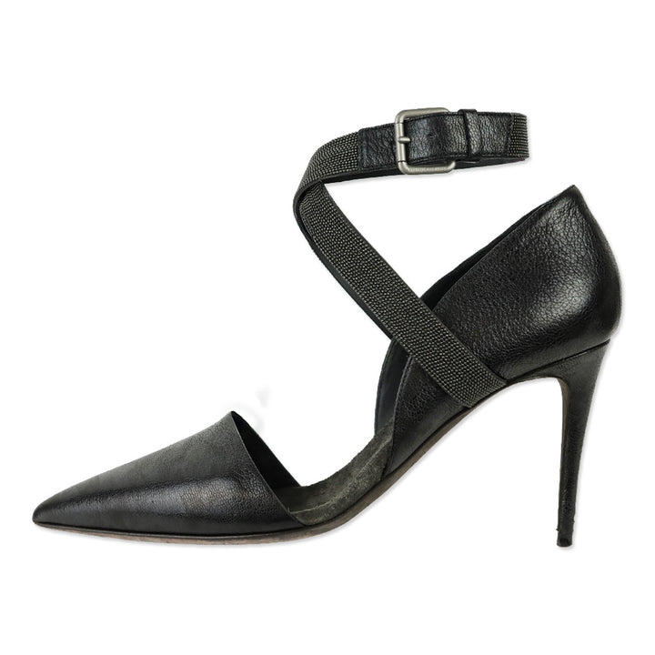 Brunello Cucinelli Black Leather 85mm D'Orsay Pump with Monili Ankle Strap