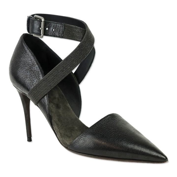 Brunello Cucinelli Black Leather 85mm D'Orsay Pump with Monili Ankle Strap