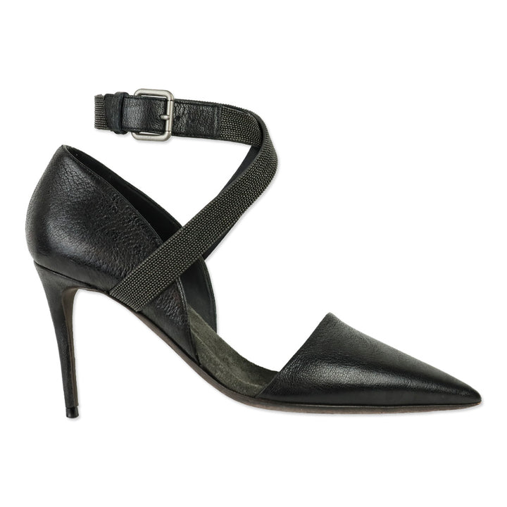Brunello Cucinelli Black Leather 85mm D'Orsay Pump with Monili Ankle Strap