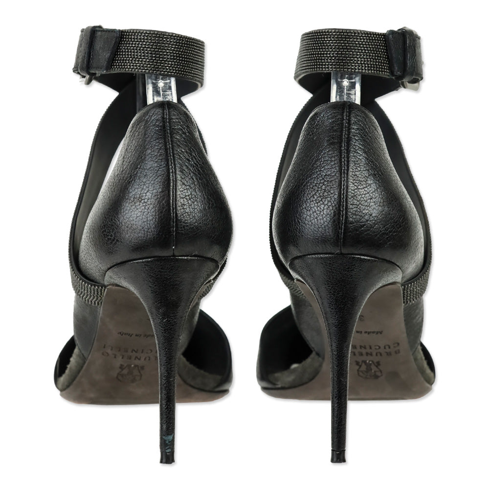 Brunello Cucinelli Black Leather 85mm D'Orsay Pump with Monili Ankle Strap