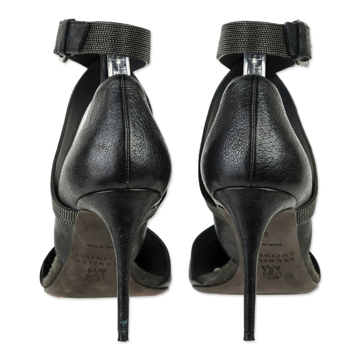 Brunello Cucinelli Black Leather 85mm D'Orsay Pump with Monili Ankle Strap