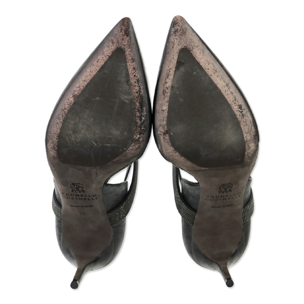 Brunello Cucinelli Black Leather 85mm D'Orsay Pump with Monili Ankle Strap