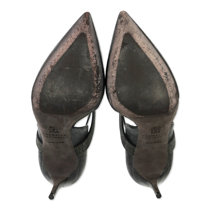 Brunello Cucinelli Black Leather 85mm D'Orsay Pump with Monili Ankle Strap